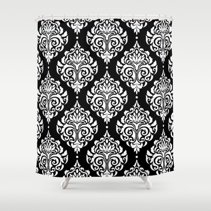 Black Monochrome Damask Pattern Shower Curtain
