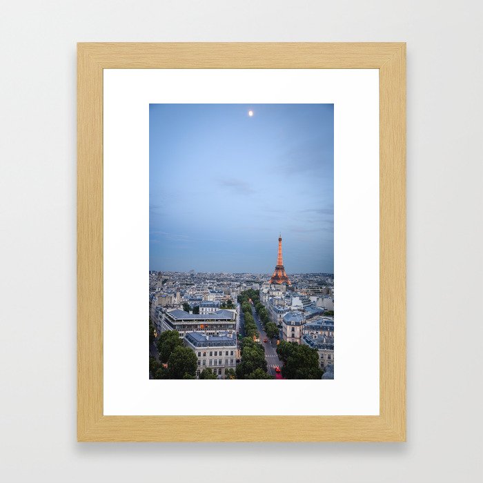 Paris Skyline at Sunset with Moon Framed Art Print