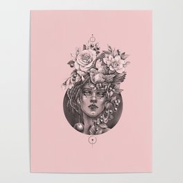 Forest goddess. Portrait with a pencil. Girl with hairstyle in flowers and a bird. Poster