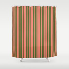[ Thumbnail: Dark Olive Green and Salmon Colored Lined/Striped Pattern Shower Curtain ]