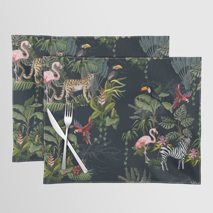 Seamless pattern with jungle animals, flowers and trees.  Placemat
