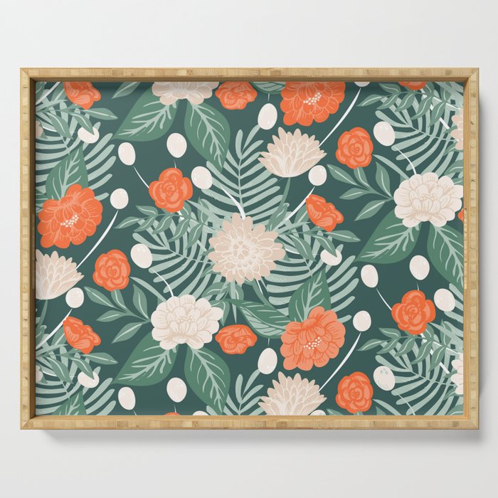 Floral wandering - retro flower bouquet - teal and orange Serving Tray