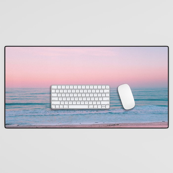 Gorgeous Pink Sunset Beach, Ocean Waves Desk Mat
