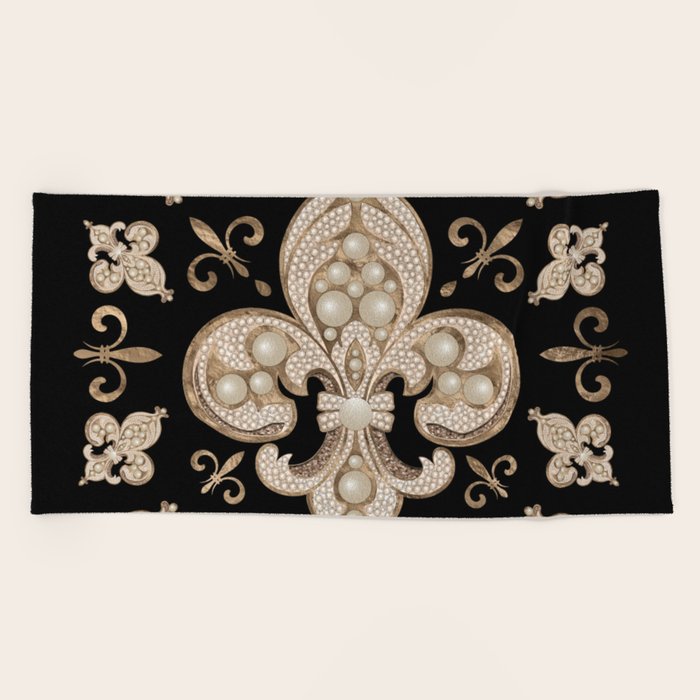 Fleur-de-lis luxury pearl and gold ornament Beach Towel