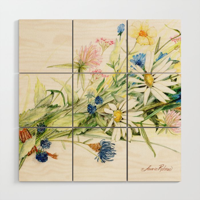 Bouquet Of Wildflowers Original Colored Pencil Drawing Wood Wall