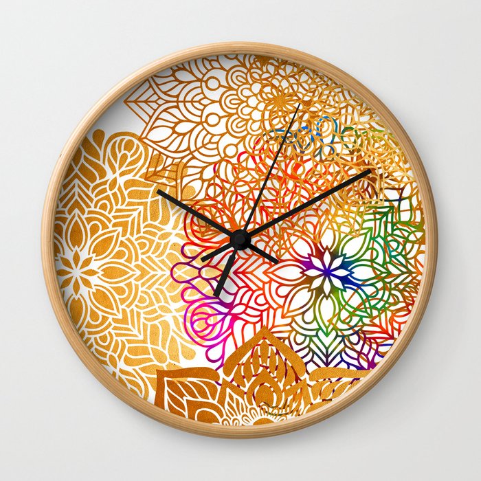 Glorious Gold Mandala Pattern With Rainbow Hues Accents Wall Clock