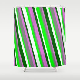 [ Thumbnail: Colorful Orchid, Gray, Lime, Mint Cream, and Dark Green Colored Stripes Pattern Shower Curtain ]