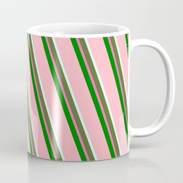 [ Thumbnail: Eyecatching Light Pink, Light Cyan, Dark Olive Green, Hot Pink & Green Colored Striped Pattern Coffee Mug ]