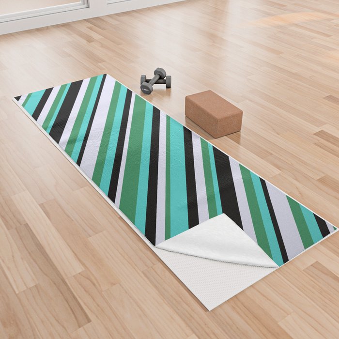 Turquoise, Sea Green, Lavender & Black Colored Stripes Pattern Yoga Towel