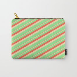[ Thumbnail: Red, Tan & Light Green Colored Lines Pattern Carry-All Pouch ]