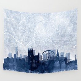 Manchester Skyline & Map Watercolor Navy Blue, Print by Zouzounio Art Wall Tapestry