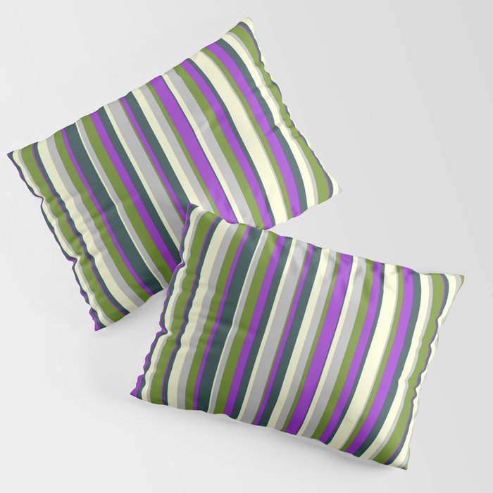 Colorful Light Yellow, Dark Slate Gray, Dark Orchid, Green, and Grey Colored Striped Pattern Pillow Sham