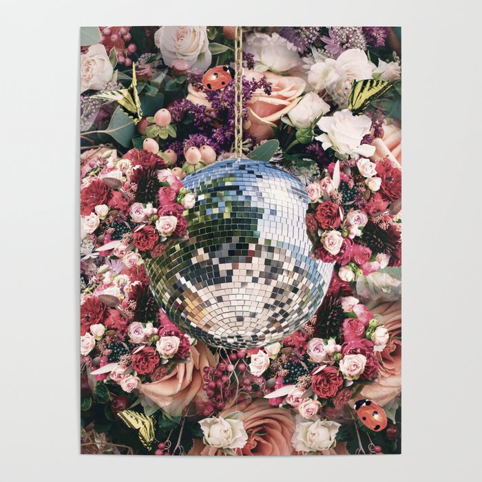 Disco Ball In Flowers Club Retro Cute  Poster