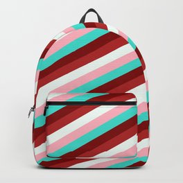 [ Thumbnail: Light Pink, Turquoise, Maroon, Red, and Mint Cream Colored Lined/Striped Pattern Backpack ]