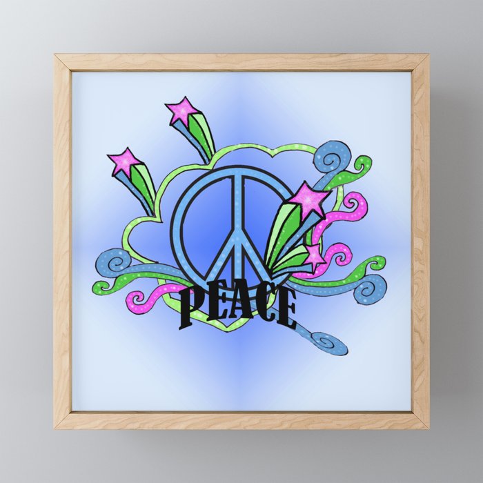 Abstract Blue Peace Sign Pink Shooting Stars Scrolls Framed Mini