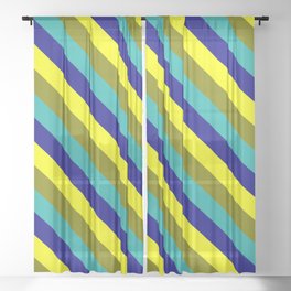 [ Thumbnail: Yellow, Green, Light Sea Green, and Blue Colored Striped Pattern Sheer Curtain ]