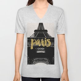 Paris Eiffel Tower, Black and White with Gold V Neck T Shirt