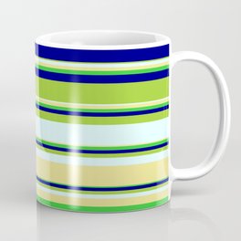 [ Thumbnail: Vibrant Green, Light Cyan, Tan, Lime Green & Blue Colored Stripes/Lines Pattern Coffee Mug ]