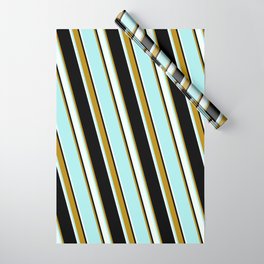 [ Thumbnail: Black, Dark Goldenrod, Turquoise & Mint Cream Colored Lined Pattern Wrapping Paper ]
