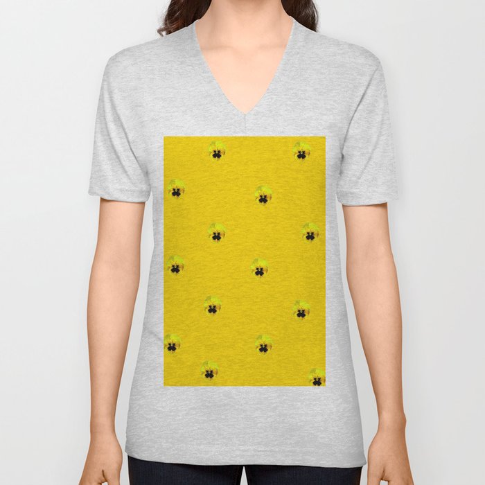 YELLOW  PANSY FLOWERS SPRINKLES GOLDEN YELLOW V Neck T Shirt