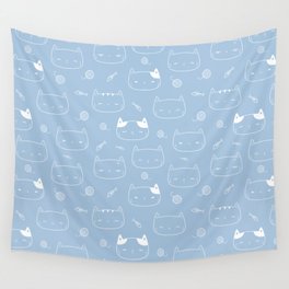 Pale Blue and White Doodle Kitten Faces Pattern Wall Tapestry