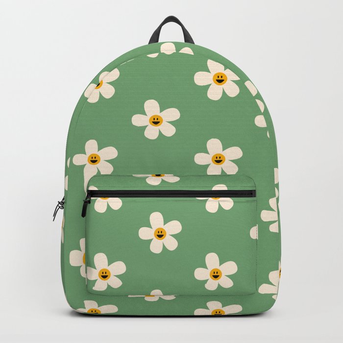 Retro Happy Daisy Flower in Green Backpack