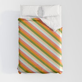 [ Thumbnail: Colorful Dark Orange, Green, Tan, Light Cyan, and Salmon Colored Lined/Striped Pattern Duvet Cover ]