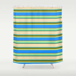 [ Thumbnail: Tan, Light Green, Blue, and Green Colored Lined/Striped Pattern Shower Curtain ]