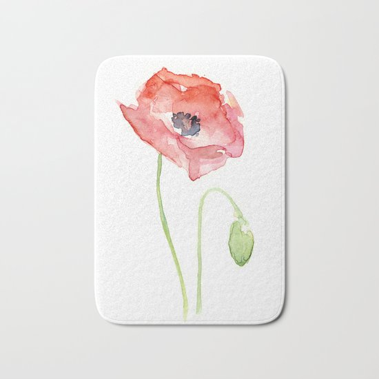 Red Poppy Watercolor Flower Floral Abstract Bath Mat
