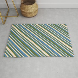 [ Thumbnail: Bisque, Blue, and Dark Olive Green Colored Lines/Stripes Pattern Rug ]
