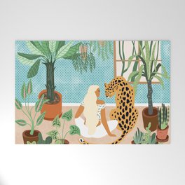 Urban Jungle Illustration, Tiger Home Decor, Woman & Modern Bohemian Wildlife Painting Welcome Mat