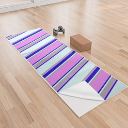 [ Thumbnail: Light Cyan, Blue, Violet, and Dark Grey Colored Lines/Stripes Pattern Yoga Towel ]