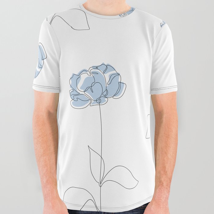 Blue Peony / single line flower contour drawing  All Over Graphic Tee
