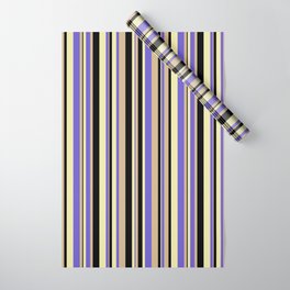 [ Thumbnail: Slate Blue, Pale Goldenrod, Black & Tan Colored Striped/Lined Pattern Wrapping Paper ]