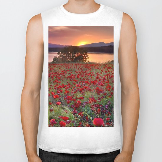 Sea of poppies at the lake Biker Tank