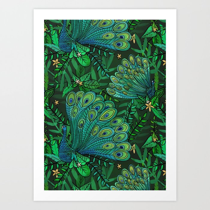 Peacocks in Emerald Forest Art Print