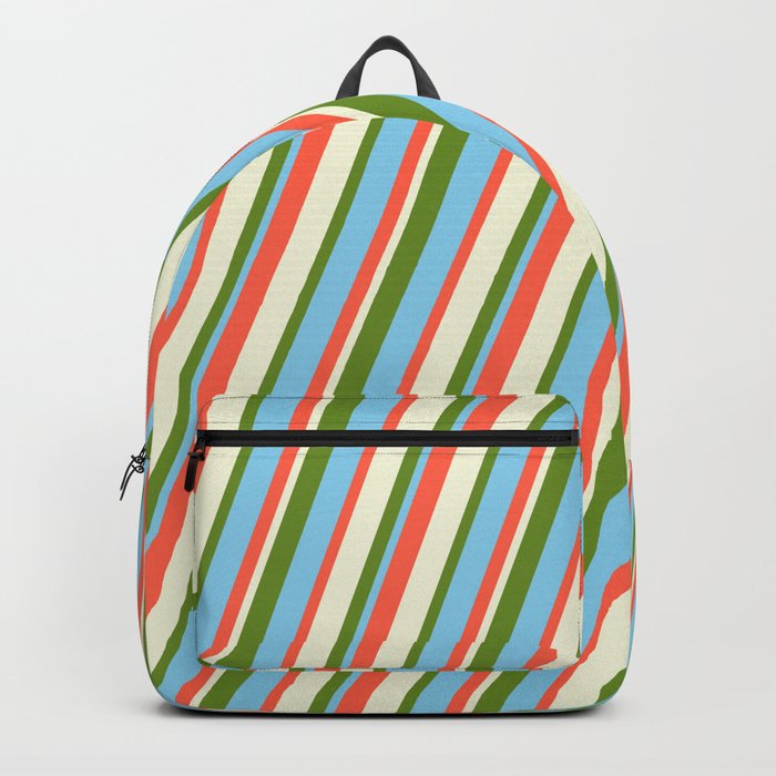 Red, Beige, Green, and Sky Blue Colored Stripes Pattern Backpack