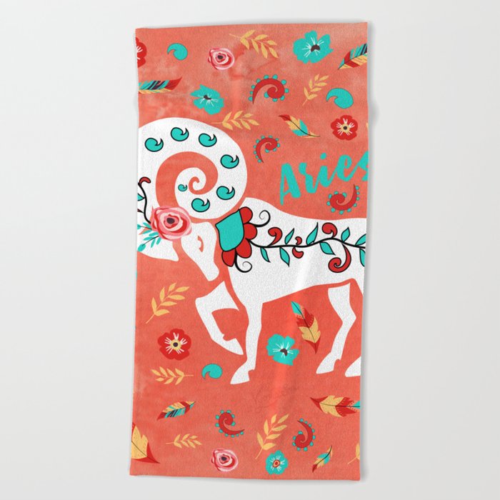 Boho Zodiac Sign- Aries Astrology Watercolor Illustration Beach Towel
