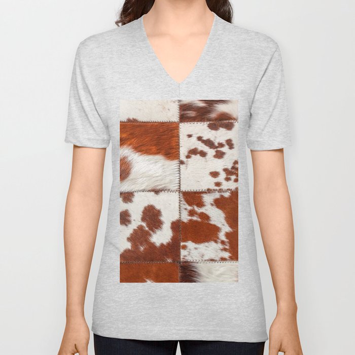 Cowhide brown and white fur patchwork V Neck T Shirt