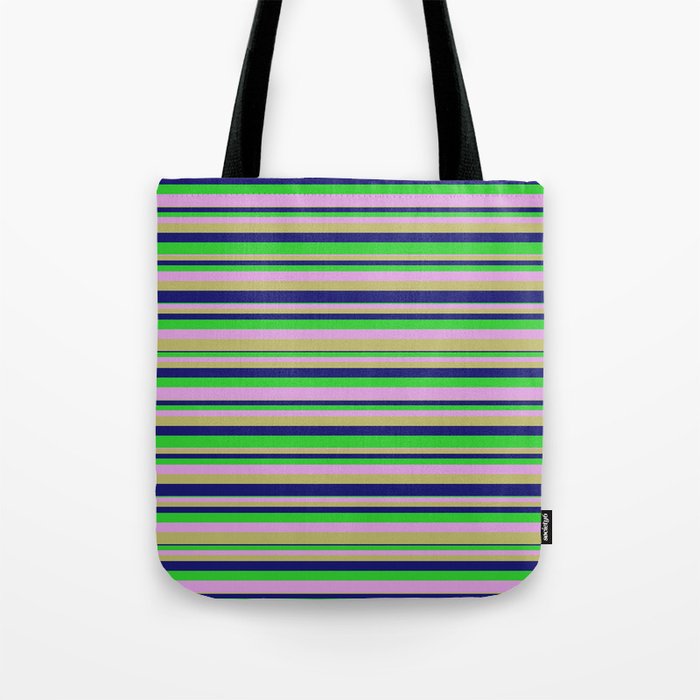 Plum, Dark Khaki, Midnight Blue, and Lime Green Colored Lines/Stripes Pattern Tote Bag
