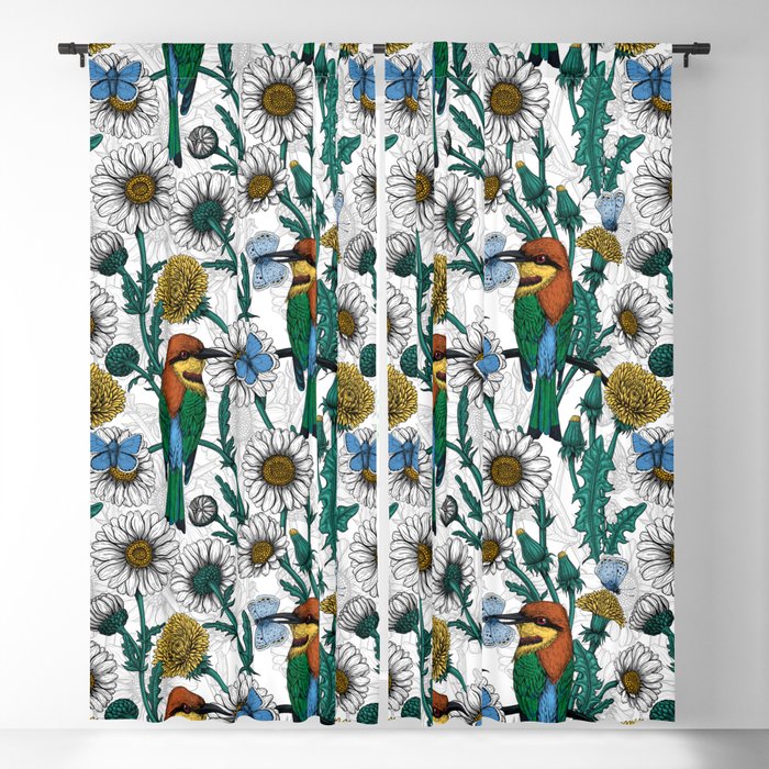 Bee-eaters, blue butterflies and daisies on white Blackout Curtain