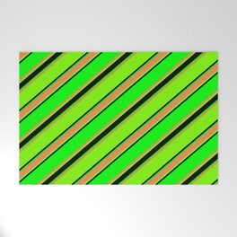 [ Thumbnail: Lime, Coral, Green, and Black Colored Lined Pattern Welcome Mat ]