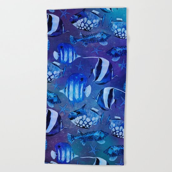 Watercolor fish pattern dark blue Beach Towel