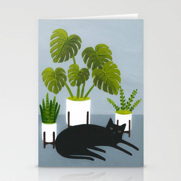 Black Cat With Potted Plants Stationery Cards