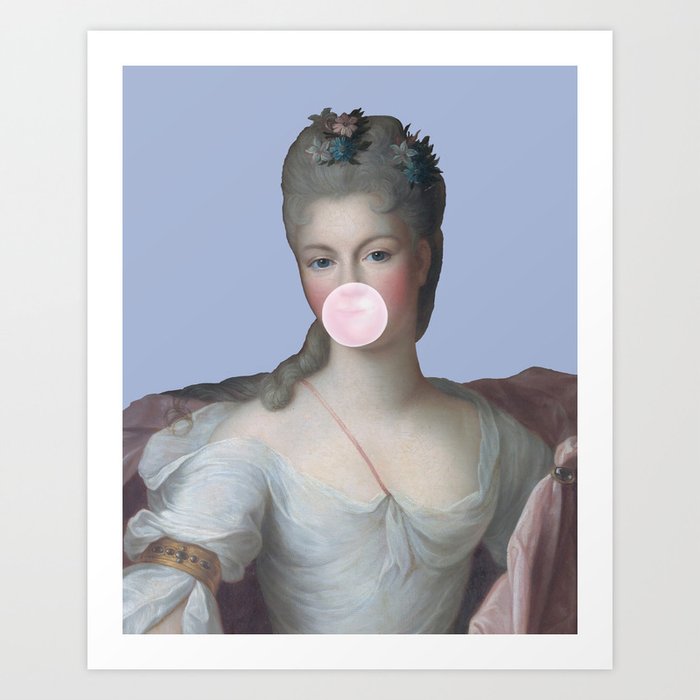 Bubble gum Diva Savoie blowing a pink bubble gum Art Print