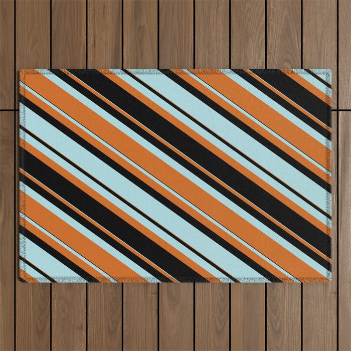 Powder Blue, Chocolate & Black Colored Lined Pattern Outdoor Rug