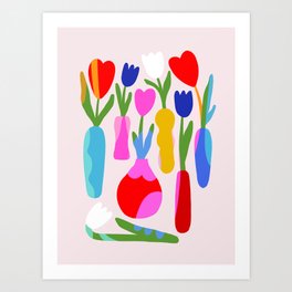 Happy and bright tulips in vases Art Print