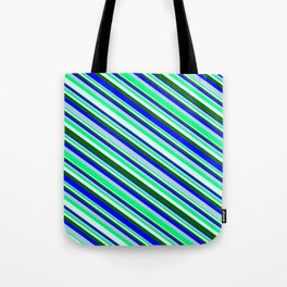 [ Thumbnail: Eyecatching Light Blue, Green, Light Cyan, Dark Green & Blue Colored Pattern of Stripes Tote Bag ]