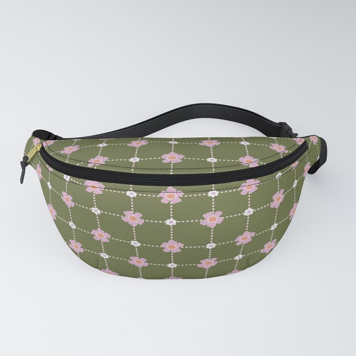 Green and Pink Daisies // Checkered Gingham Pattern Fanny Pack