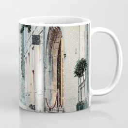 Shopping street with christmas lights and snowfall in the Dutch city center of Maastricht the Netherlands Coffee Mug